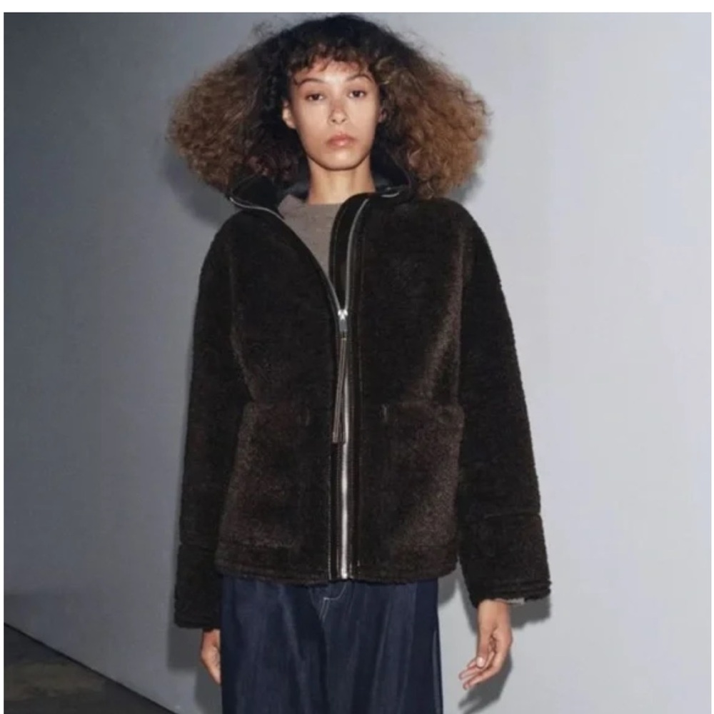 Zara NWT faux shearling double faced jacket dark brown ZW Collection 3548/242